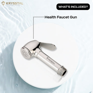 Brass Health Faucet Gun on a white plate with highlighting what's included