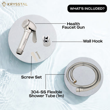 Diamond Brass with health faucet gun, wall hook, screw set, and 304-SS flexible shower tube on a white background.