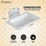 The dimensions & details in mm of the silver square soap dish holder with its warranty and feature at the bottom on a golden & white background.