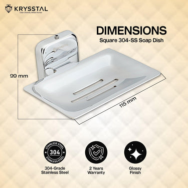 The dimensions & details in mm of the silver square soap dish holder with its warranty and feature at the bottom on a golden & white background.