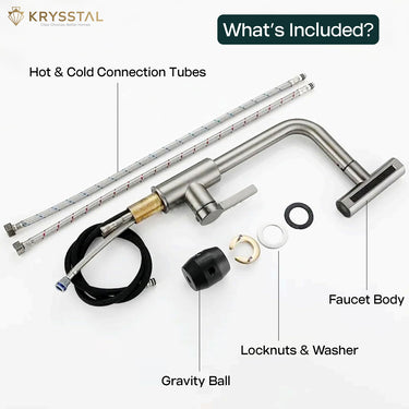 A silver faucet kit with labeled & included parts like connections tube, gravity ball, locknuts & washer, faucet bodyon a white background