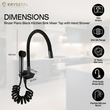 A black piano-finish kitchen faucet featuring an integrated hand shower with warranty, set against a clean white background.