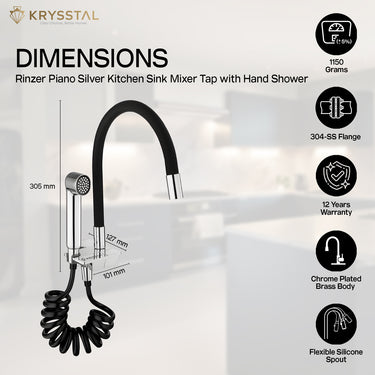 Black flexible kitchen faucet with dimensions & features, dual flow and detachable hand shower on white backdrop