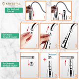 A silver-colored faucet aerator with its user guide shown in a different picture, like for pull-out faucet, for male-thread faucets, & for female-thread faucet.