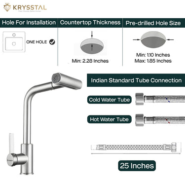 Krysstal kitchen faucet with installation guidelines and specifications on a white background