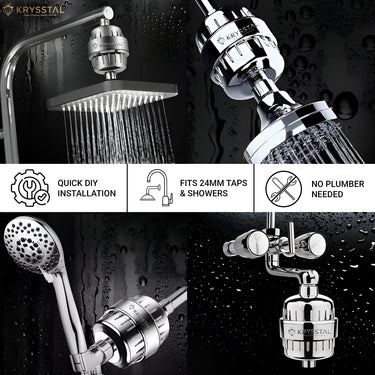 Shower head with filter and installation instructions with 4 images on a wet background.