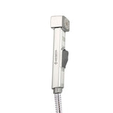 A silver-colored handheld White ABS Health Faucet shower with a flexible hose and a wall hook