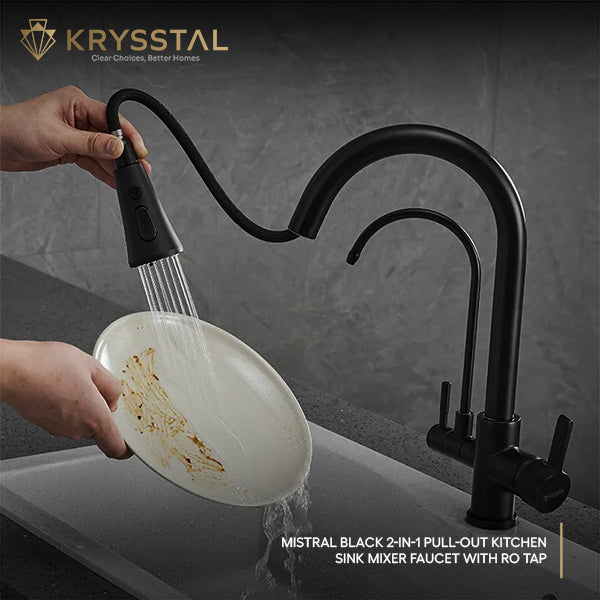 Mistral Black 2-in-1 Pull-Out Kitchen Sink Mixer Faucet with RO Tap