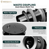 Krysstal waste coupling for washbasin and bathtub with features like a water-tight seal and PVD-coated & durable brass build highlighted on a white backdrop.