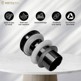 Krysstal BlackPop drain with its 6 features listed onthe top on a white background