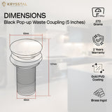 A Black pop-up waste coupling with dimensions and features on the right with Krysstal branding on a light background