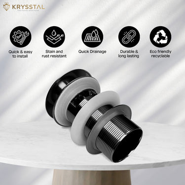 A black pop-up drain with features listed on the top on a white background