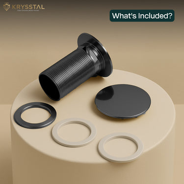 BlackPop product packaging with an included black cylindrical item, a flat disc, and three rings on a beige platform.