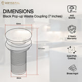 Black pop-up waste coupling with dimensions and its warranty & features on a light background