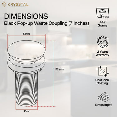Black pop-up waste coupling with dimensions and its warranty & features on a light background