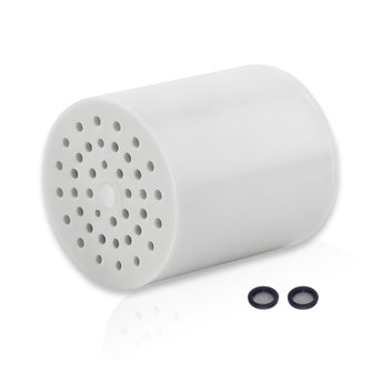 White cylindrical filter with perforations and two black rubber washers on a white background