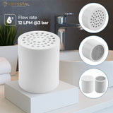 White shower filter with detailed design on a bathroom background, featuring Krysstal branding.