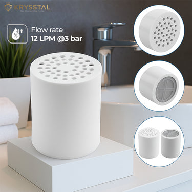 White shower filter with detailed design on a bathroom background, featuring Krysstal branding.
