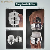 Krysstal shower filter with easy installation steps on a gray background