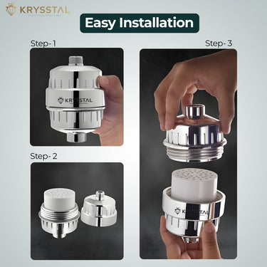 Krysstal shower filter with easy installation steps on a gray background