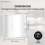 Krysstal PureFlow hard water filter cartridge dimensions on a light gray background