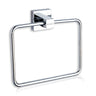 A silver stainless steel towel square ring with a square mounting on the wall.