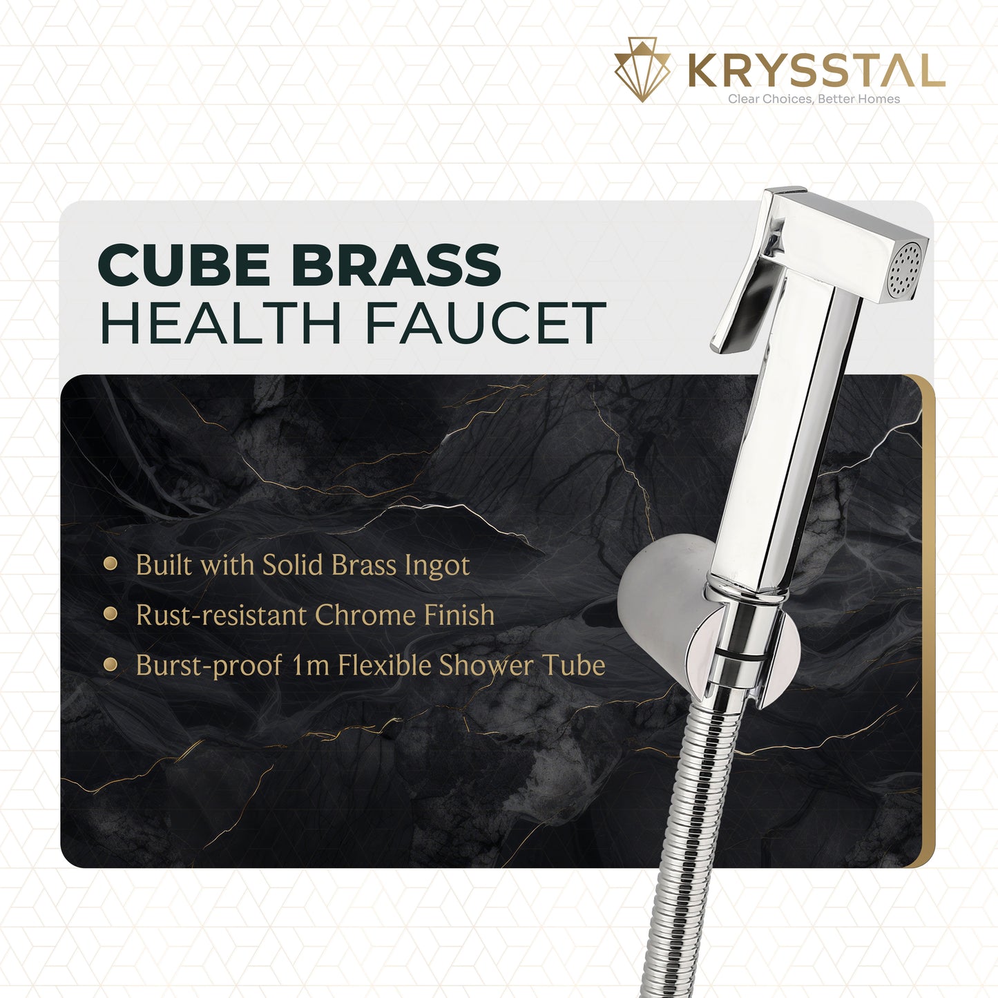 Cube Brass Health Faucet with 304-SS Shower Tube (1m) & Wall Hook