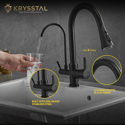 Mistral Black 2-in-1 Pull-Out Kitchen Sink Mixer Faucet with RO Tap