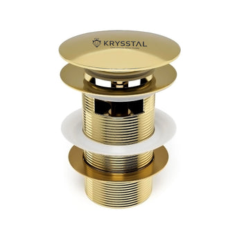 Gold sink drain assembly with Krysstal logo on a white background
