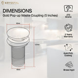 Gold pop-up waste coupling with dimensions and its warranty & features on a light background
