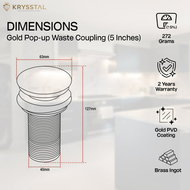 Gold pop-up waste coupling with dimensions and its warranty & features on a light background