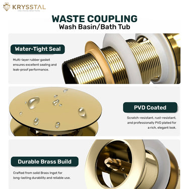 Krysstal golden waste coupling for washbasin and bathtub with features highlighted.