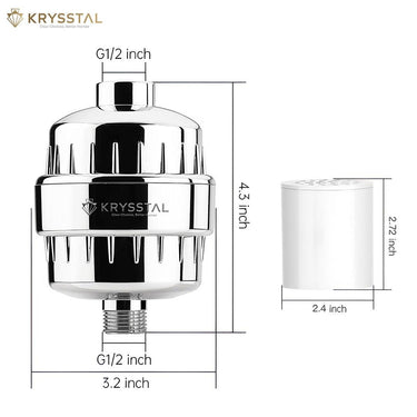 Shower filter on a white background, with the filter shown in detail dimensions.