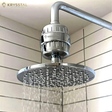 Hard Water Filter devices with Shower & Tap running water from it and fitted on a tile wall.