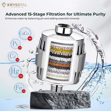 Detailed view of a chrome-plated water filter body with its internal components visible, emphasizing its advanced 15-stage capability for cleaner water.