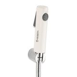 A white ABS health faucet with a 304-SS shower tube and wall hook, against a white background.
