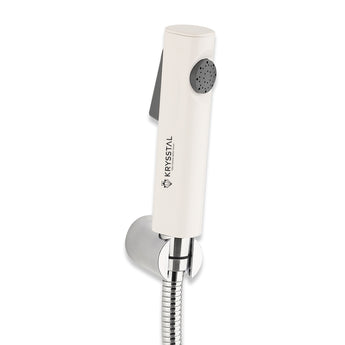 A white ABS health faucet with a 304-SS shower tube and wall hook, against a white background.