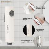 Krysstal showerhead with features highlighted images on a bathroom background
