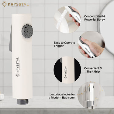 Krysstal showerhead with features highlighted images on a bathroom background