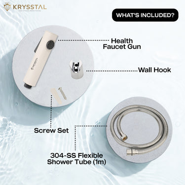 Health Faucet Gun, included wall hook, screw set & SS flexible shower tube on on a white background