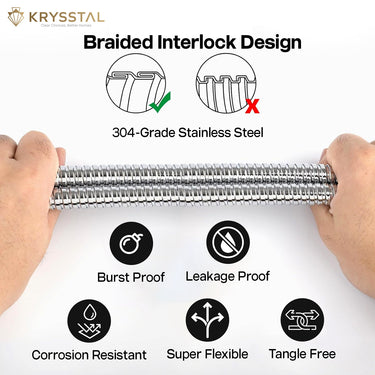 ABS Health Faucet Gun braided interlock design with hands holding a metal hose, featuring stainless steel and durability features.
