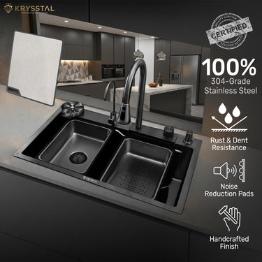 Magnus Nano Black 304 SS Kitchen Sink with Integrated Waterfall, RO Tap & Triple Flow Pull-out Tap (30 x 18 x 9 Inches)