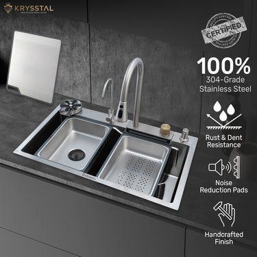 Magnus Nano Silver 304 SS Kitchen Sink with Integrated Waterfall, RO Tap & Triple Flow Pull-out Tap (30 x 18 x 9 Inches)