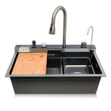 Modern kitchen sink with faucet and wooden cutting board on a white background