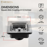 Square-shaped sink coupling with precise millimeter dimensions and highlighted features to the right on a soft light background.
