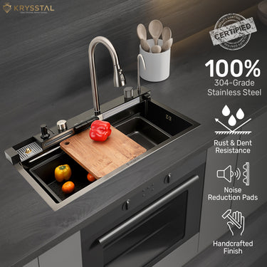 AquaStation Piano Smart 304 SS Kitchen Sink with Digital Display, Dual Waterfalls & RO Tap (30 x 18 x 9 inches)