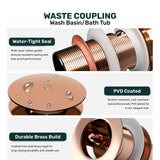 Rose gold waste coupling for a washbasin or bathtub with features highlighted on a white background.