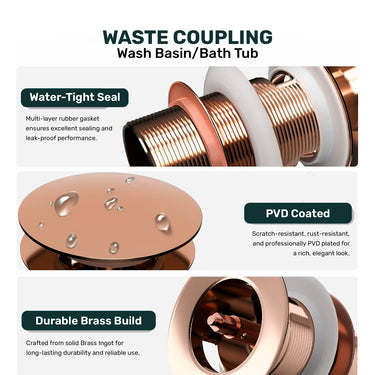 Rose gold waste coupling for a washbasin or bathtub with features highlighted on a white background.