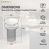 Rose gold pop-up waste coupling with dimensions and features with Krysstal branding on a light background