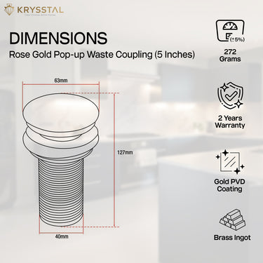 Rose gold pop-up waste coupling with dimensions and features with Krysstal branding on a light background